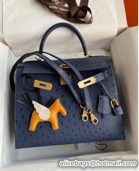 Buy Sophisticated Hermes Kelly 25cm Bag in Ostrich Leather HK025 Blue/Gold 2024 (Full Handmade)