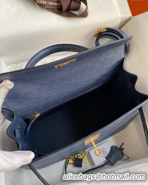 Buy Sophisticated Hermes Kelly 25cm Bag in Ostrich Leather HK025 Blue/Gold 2024 (Full Handmade)