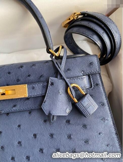 Buy Sophisticated Hermes Kelly 25cm Bag in Ostrich Leather HK025 Blue/Gold 2024 (Full Handmade)