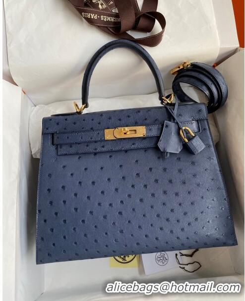 Buy Sophisticated Hermes Kelly 25cm Bag in Ostrich Leather HK025 Blue/Gold 2024 (Full Handmade)