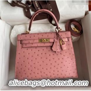 Famous Brand Hermes Kelly 25cm Bag in Ostrich Leather HK025 Ceramic Pink/Gold 2024 (Full Handmade)