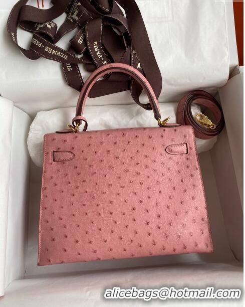 Famous Brand Hermes Kelly 25cm Bag in Ostrich Leather HK025 Ceramic Pink/Gold 2024 (Full Handmade)