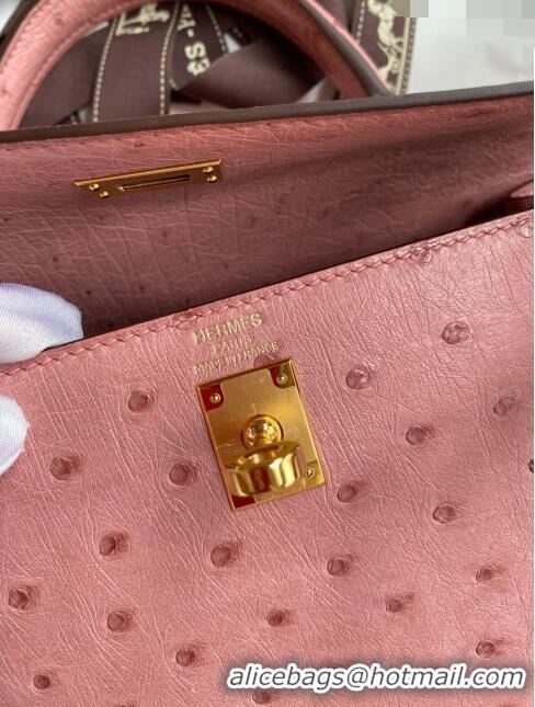 Famous Brand Hermes Kelly 25cm Bag in Ostrich Leather HK025 Ceramic Pink/Gold 2024 (Full Handmade)