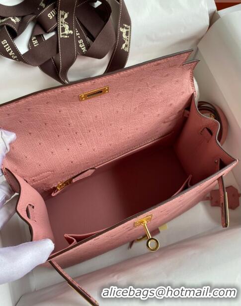 Famous Brand Hermes Kelly 25cm Bag in Ostrich Leather HK025 Ceramic Pink/Gold 2024 (Full Handmade)