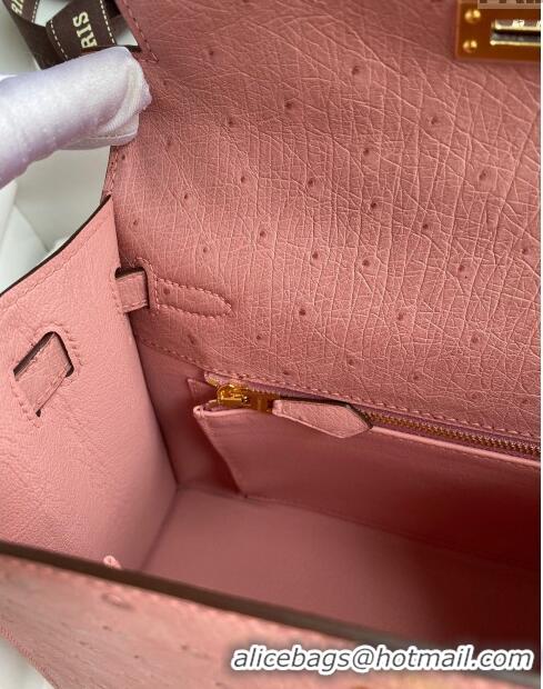 Famous Brand Hermes Kelly 25cm Bag in Ostrich Leather HK025 Ceramic Pink/Gold 2024 (Full Handmade)