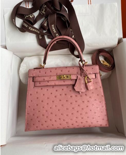 Famous Brand Hermes Kelly 25cm Bag in Ostrich Leather HK025 Ceramic Pink/Gold 2024 (Full Handmade)