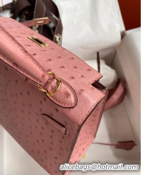 Famous Brand Hermes Kelly 25cm Bag in Ostrich Leather HK025 Ceramic Pink/Gold 2024 (Full Handmade)