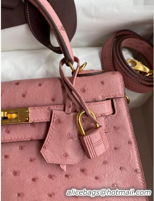 Famous Brand Hermes Kelly 25cm Bag in Ostrich Leather HK025 Ceramic Pink/Gold 2024 (Full Handmade)