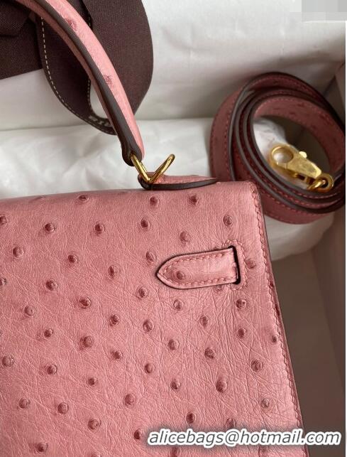 Famous Brand Hermes Kelly 25cm Bag in Ostrich Leather HK025 Ceramic Pink/Gold 2024 (Full Handmade)