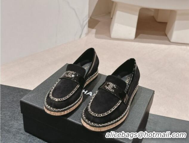 1:1 Chanel Suede Loafers with Chain Black 816114