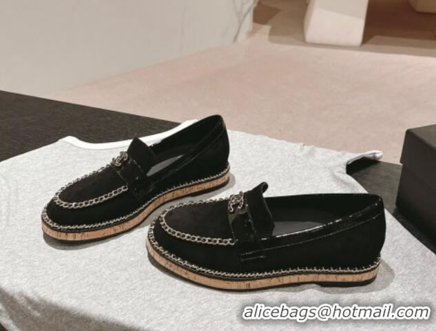 1:1 Chanel Suede Loafers with Chain Black 816114