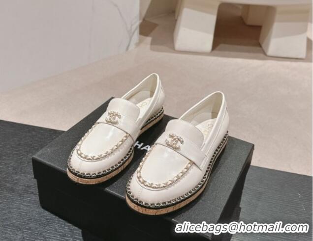 Charming Chanel Calfskin Loafers with Chain White 816115