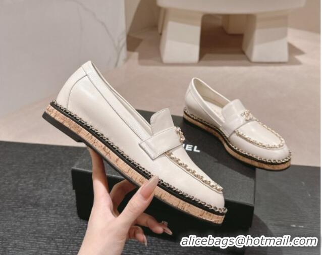 Charming Chanel Calfskin Loafers with Chain White 816115