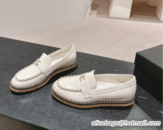 Charming Chanel Calfskin Loafers with Chain White 816115