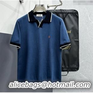 Top Quality Inexpensive Hermes Knit Polo T-shirt H72615 Blue 2024 (For Men)