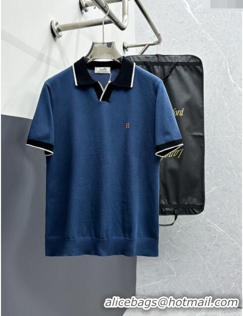 Top Quality Inexpensive Hermes Knit Polo T-shirt H72615 Blue 2024 (For Men)