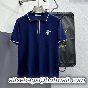 New Arrivals Prada Knit Polo T-shirt P72618 Blue 2024 (For Men)