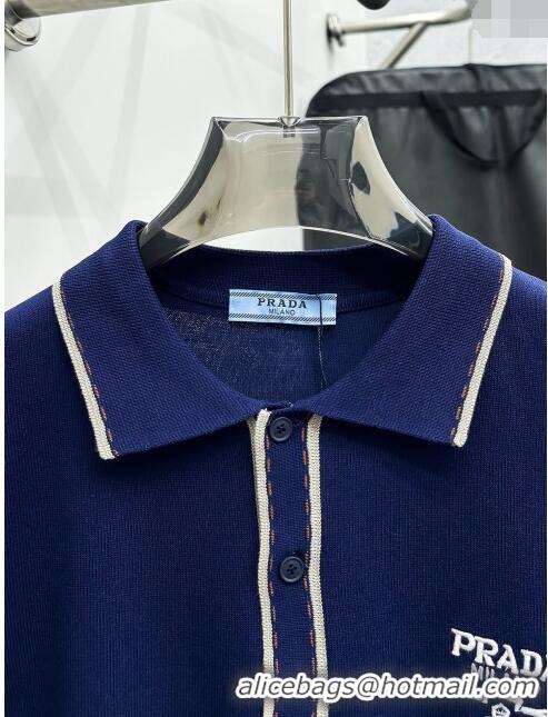 New Arrivals Prada Knit Polo T-shirt P72618 Blue 2024 (For Men)