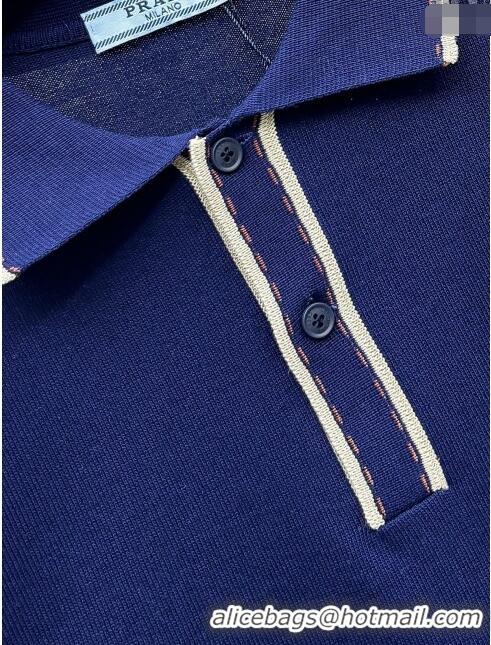 New Arrivals Prada Knit Polo T-shirt P72618 Blue 2024 (For Men)