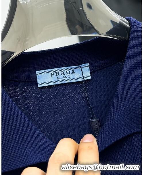 New Arrivals Prada Knit Polo T-shirt P72618 Blue 2024 (For Men)