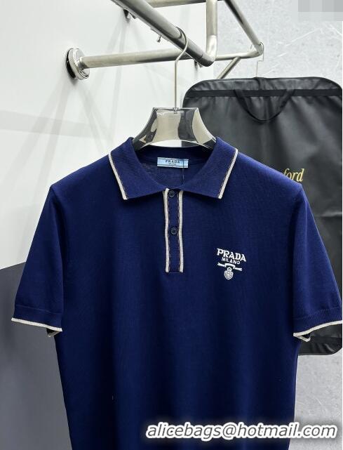 New Arrivals Prada Knit Polo T-shirt P72618 Blue 2024 (For Men)