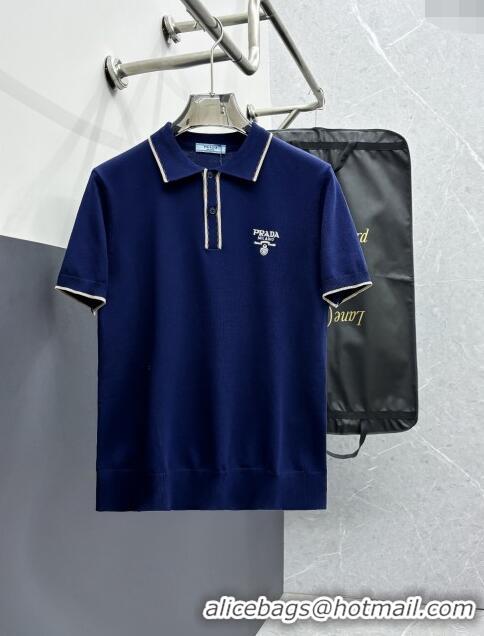 New Arrivals Prada Knit Polo T-shirt P72618 Blue 2024 (For Men)