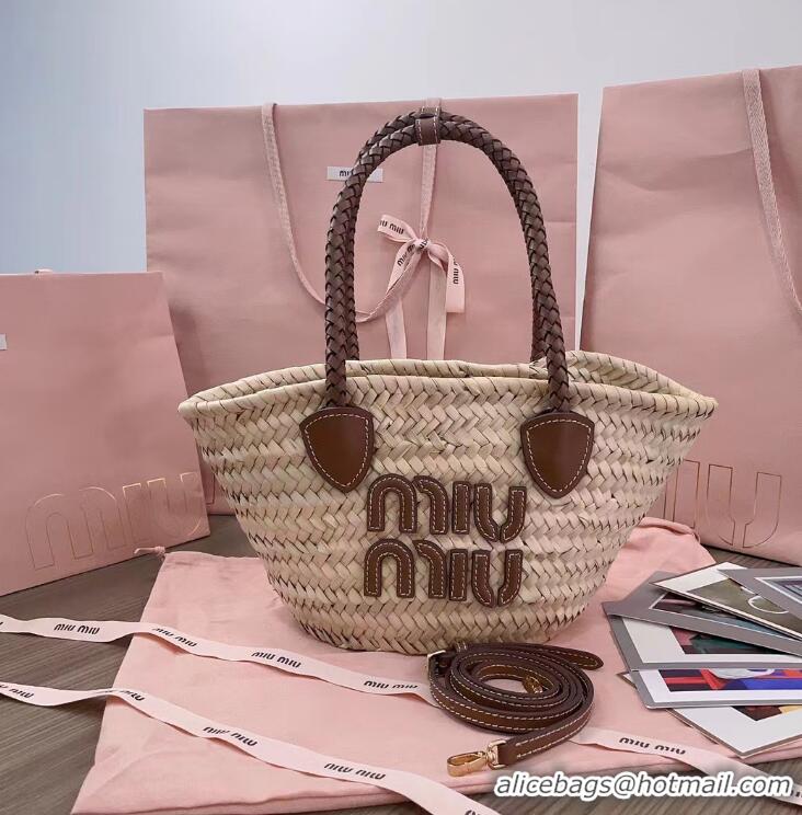 Top Grade Miu Miu Mini Straw Basket Tote Bag M8412 Beige/Brown