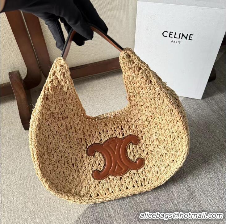 Pretty Style Celine Classic Panier Hobo Bag In Raffia And Calfskin Leather CE4120 Beige/Brown