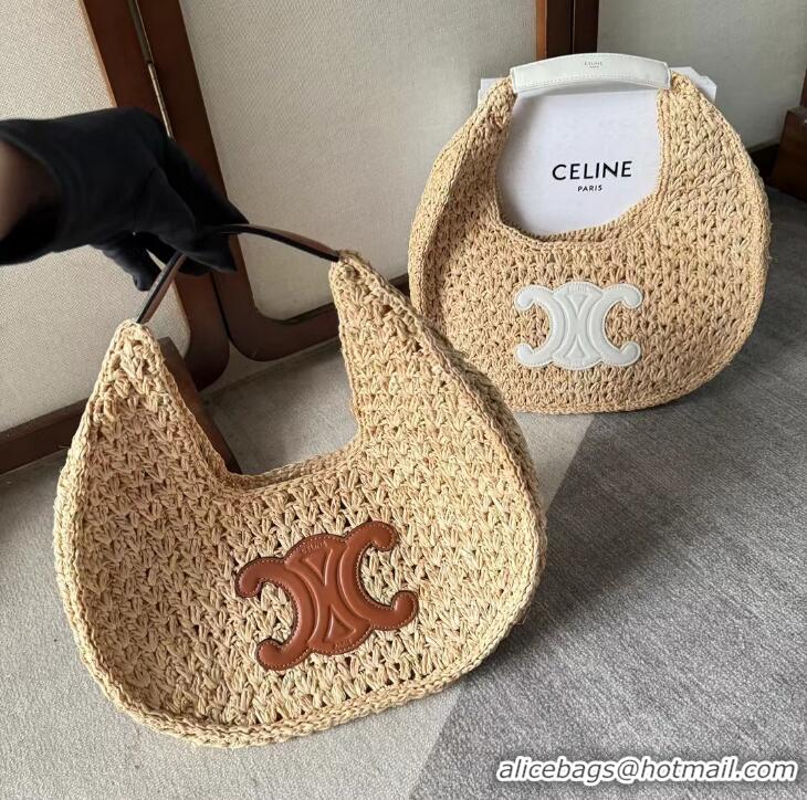 Pretty Style Celine Classic Panier Hobo Bag In Raffia And Calfskin Leather CE4120 Beige/Brown