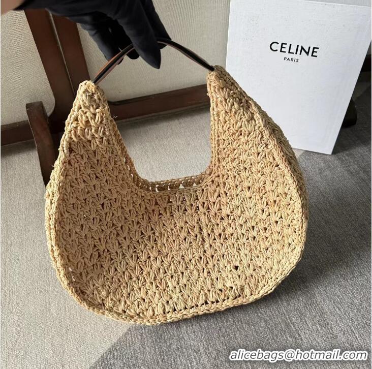 Pretty Style Celine Classic Panier Hobo Bag In Raffia And Calfskin Leather CE4120 Beige/Brown