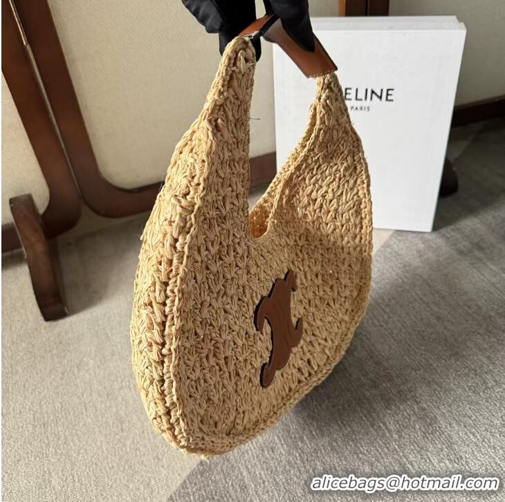 Pretty Style Celine Classic Panier Hobo Bag In Raffia And Calfskin Leather CE4120 Beige/Brown