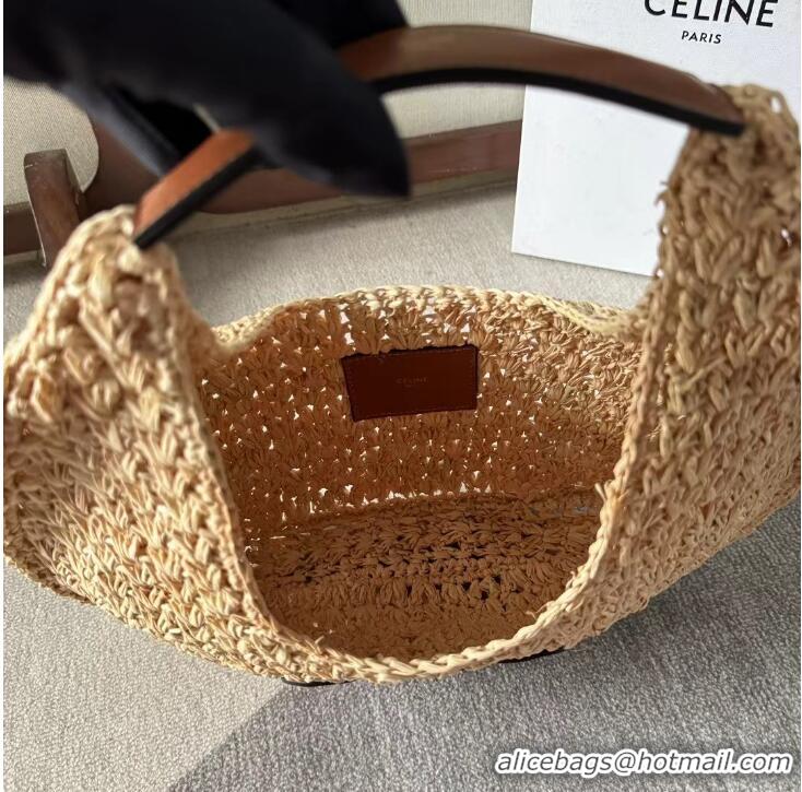 Pretty Style Celine Classic Panier Hobo Bag In Raffia And Calfskin Leather CE4120 Beige/Brown