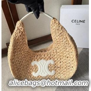 Top Grade Celine Classic Panier Hobo Bag In Raffia And Calfskin Leather CE4120 Beige/White