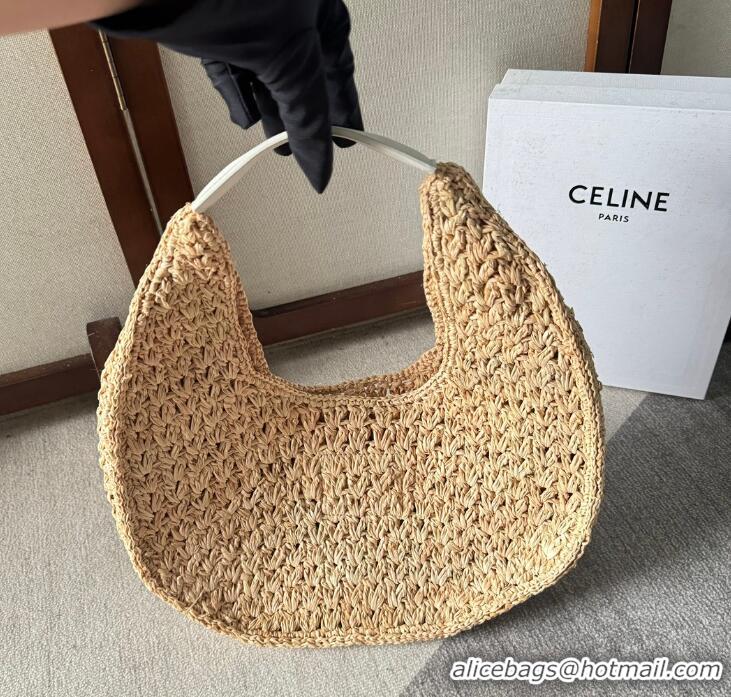 Top Grade Celine Classic Panier Hobo Bag In Raffia And Calfskin Leather CE4120 Beige/White