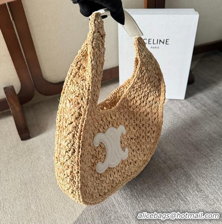 Top Grade Celine Classic Panier Hobo Bag In Raffia And Calfskin Leather CE4120 Beige/White