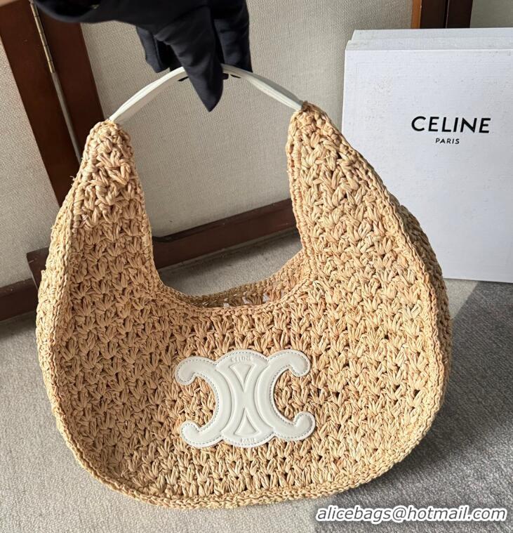 Top Grade Celine Classic Panier Hobo Bag In Raffia And Calfskin Leather CE4120 Beige/White