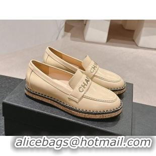 Good Quality Chanel Calfskin Loafers with Chain Beige 816120