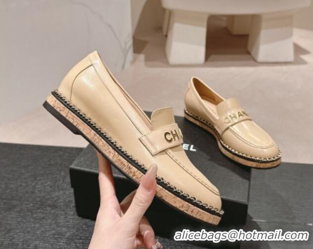 Good Quality Chanel Calfskin Loafers with Chain Beige 816120