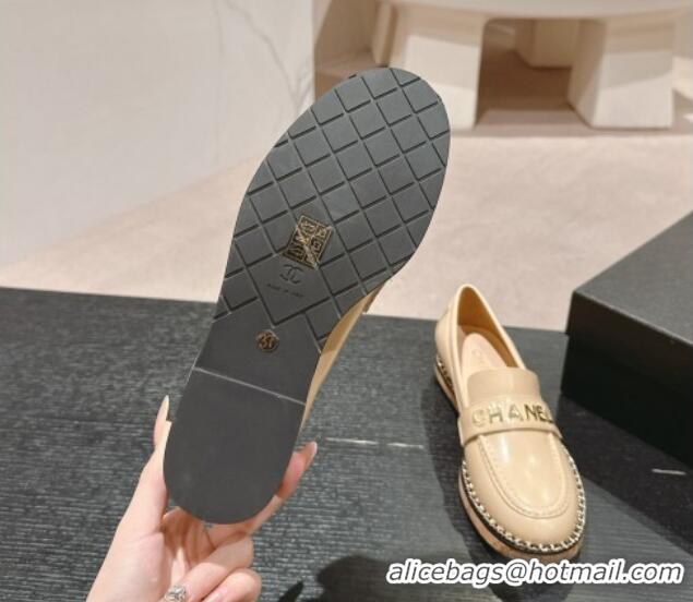 Good Quality Chanel Calfskin Loafers with Chain Beige 816120