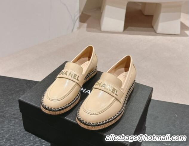 Good Quality Chanel Calfskin Loafers with Chain Beige 816120