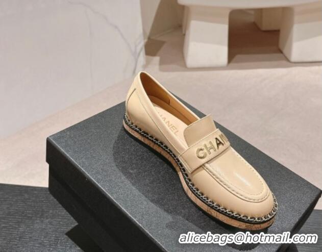 Good Quality Chanel Calfskin Loafers with Chain Beige 816120