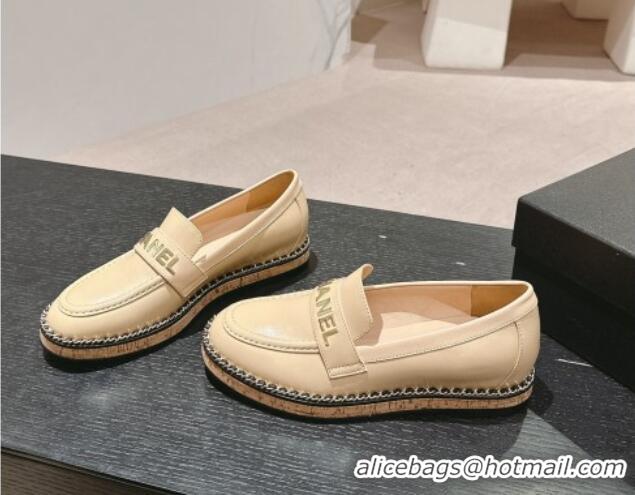 Good Quality Chanel Calfskin Loafers with Chain Beige 816120