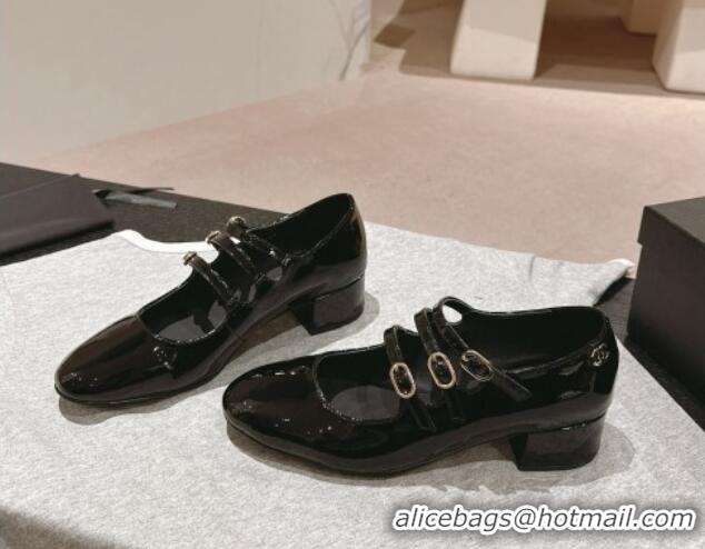 Good Looking Chanel Patent Calfskin Mary Janes Pumps with Trible Buckle Strap Black 816122