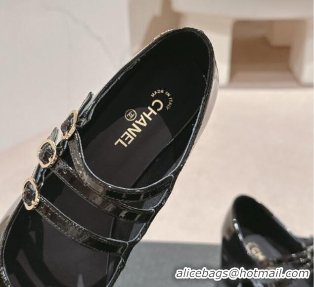 Good Looking Chanel Patent Calfskin Mary Janes Pumps with Trible Buckle Strap Black 816122