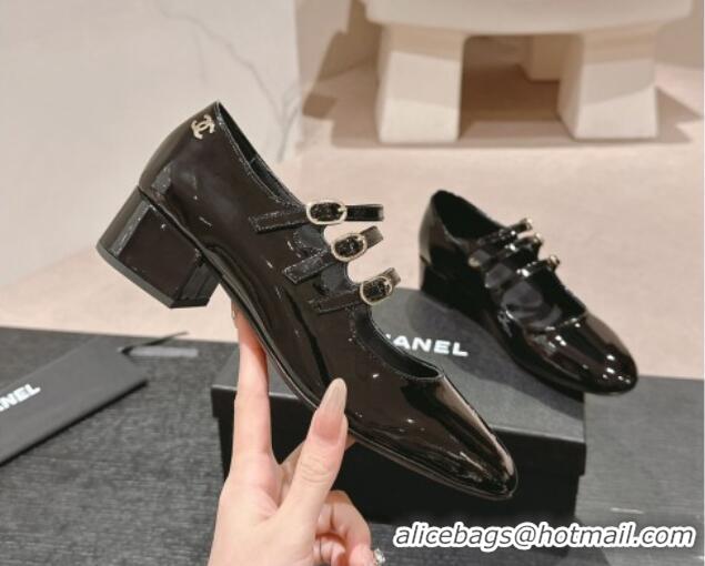 Good Looking Chanel Patent Calfskin Mary Janes Pumps with Trible Buckle Strap Black 816122