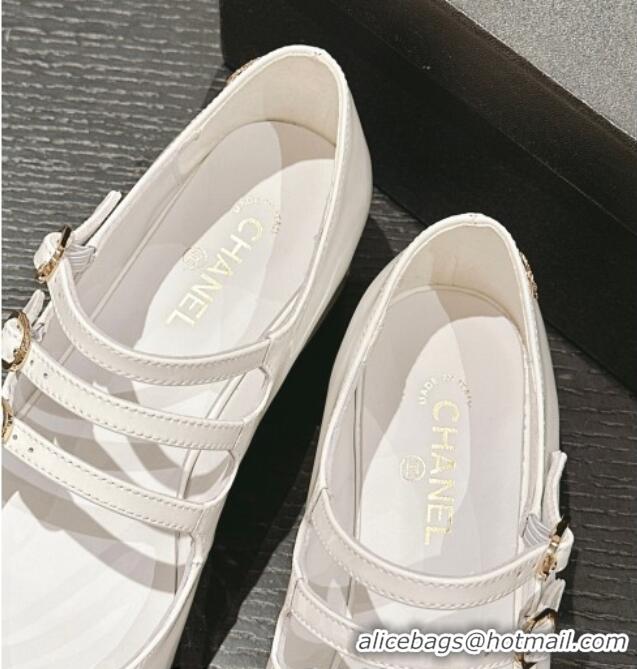 Pretty Style Chanel Patent Calfskin Mary Janes Pumps with Trible Buckle Strap White 816123