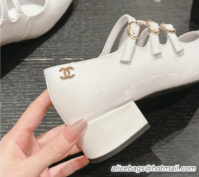 Pretty Style Chanel Patent Calfskin Mary Janes Pumps with Trible Buckle Strap White 816123