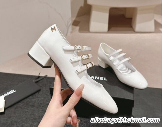 Pretty Style Chanel Patent Calfskin Mary Janes Pumps with Trible Buckle Strap White 816123