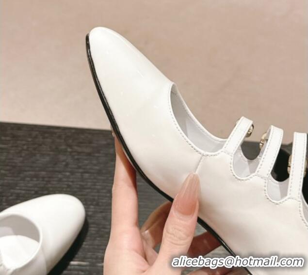 Pretty Style Chanel Patent Calfskin Mary Janes Pumps with Trible Buckle Strap White 816123