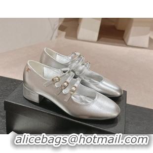 Popular Style Chanel Calfskin Mary Janes Pumps with Trible Buckle Strap Silver 816124